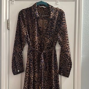 Soft Surroundings Leopard Print Button Down Maxi Dress Duster Blue Velvet LP